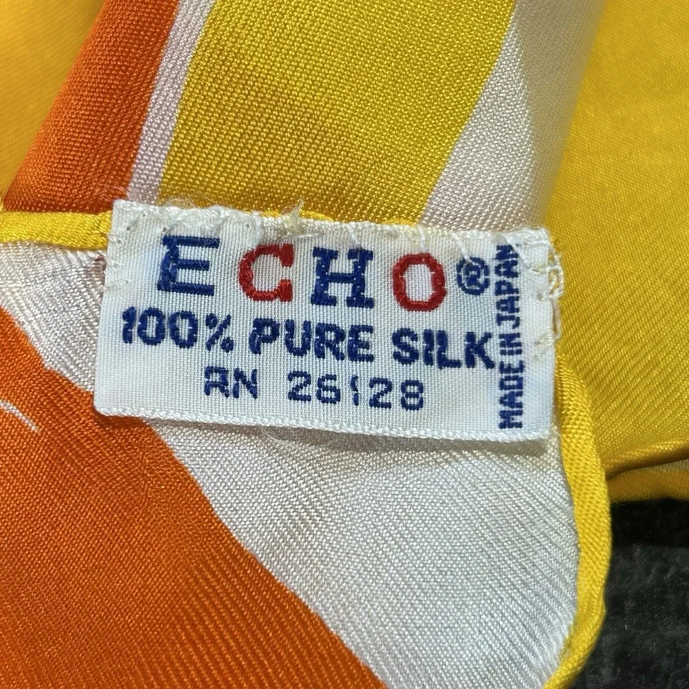 Vintage 60s ECHO 100%‎ Silk Scarf Orange, Yellow & White Striped 64 X 15
